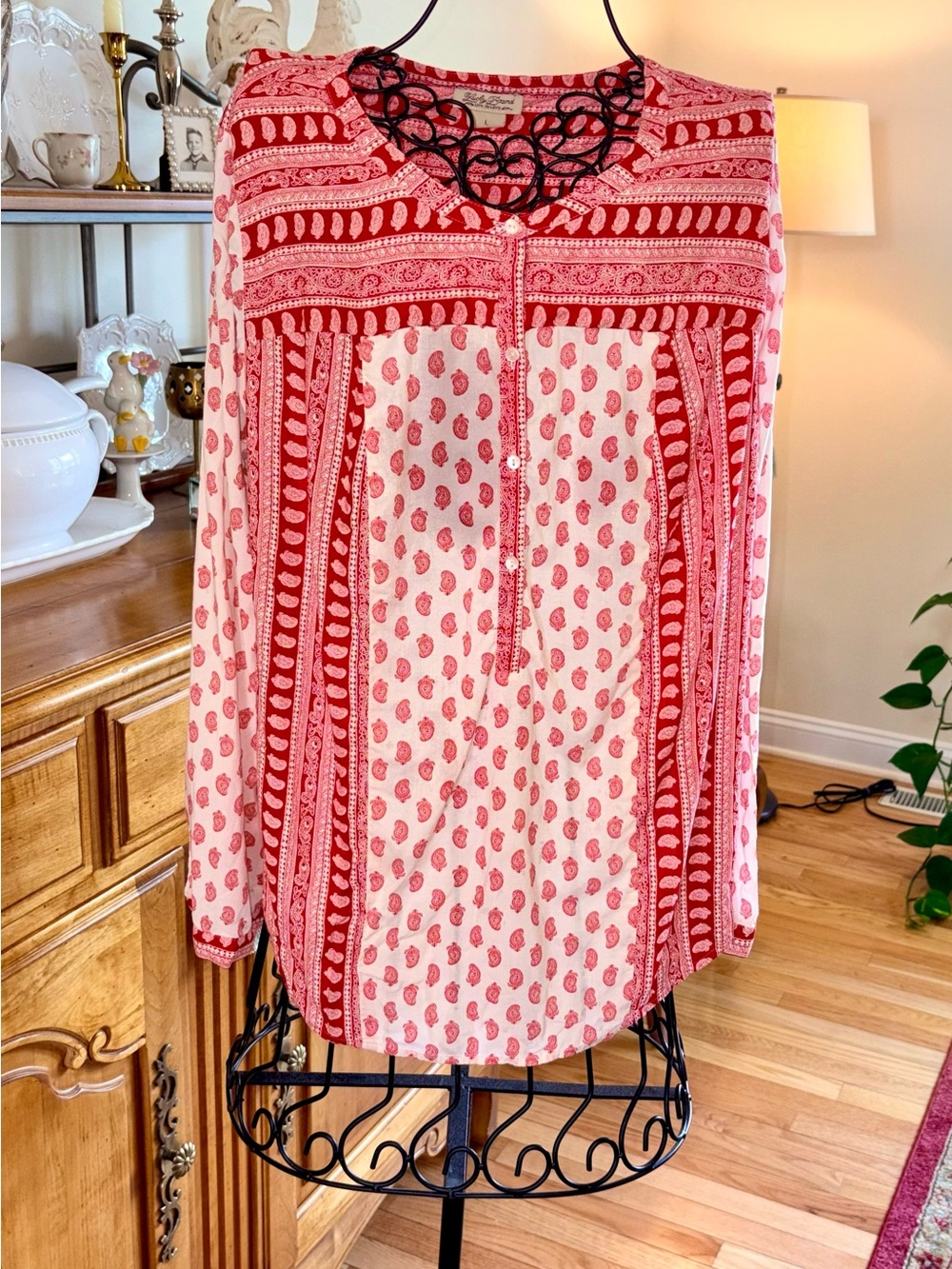 Lucky Brand Red and Cream Boho Paisley Button-Front Blouse